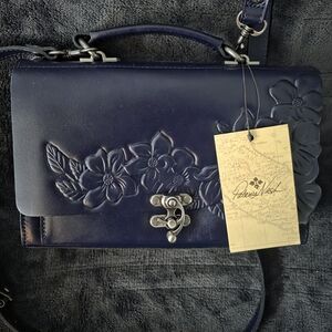 LEATHER PATRICIA NASH Elegant Navy Blue Floral Embossed Handbag NWT NO CALLOUTS